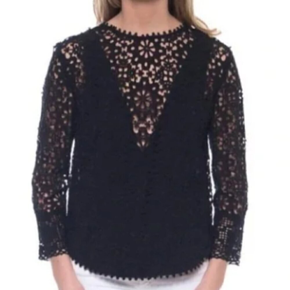 Sea New York Roseanna Black Lace Crochet Cotton Top with Long Sleeves, Size 4